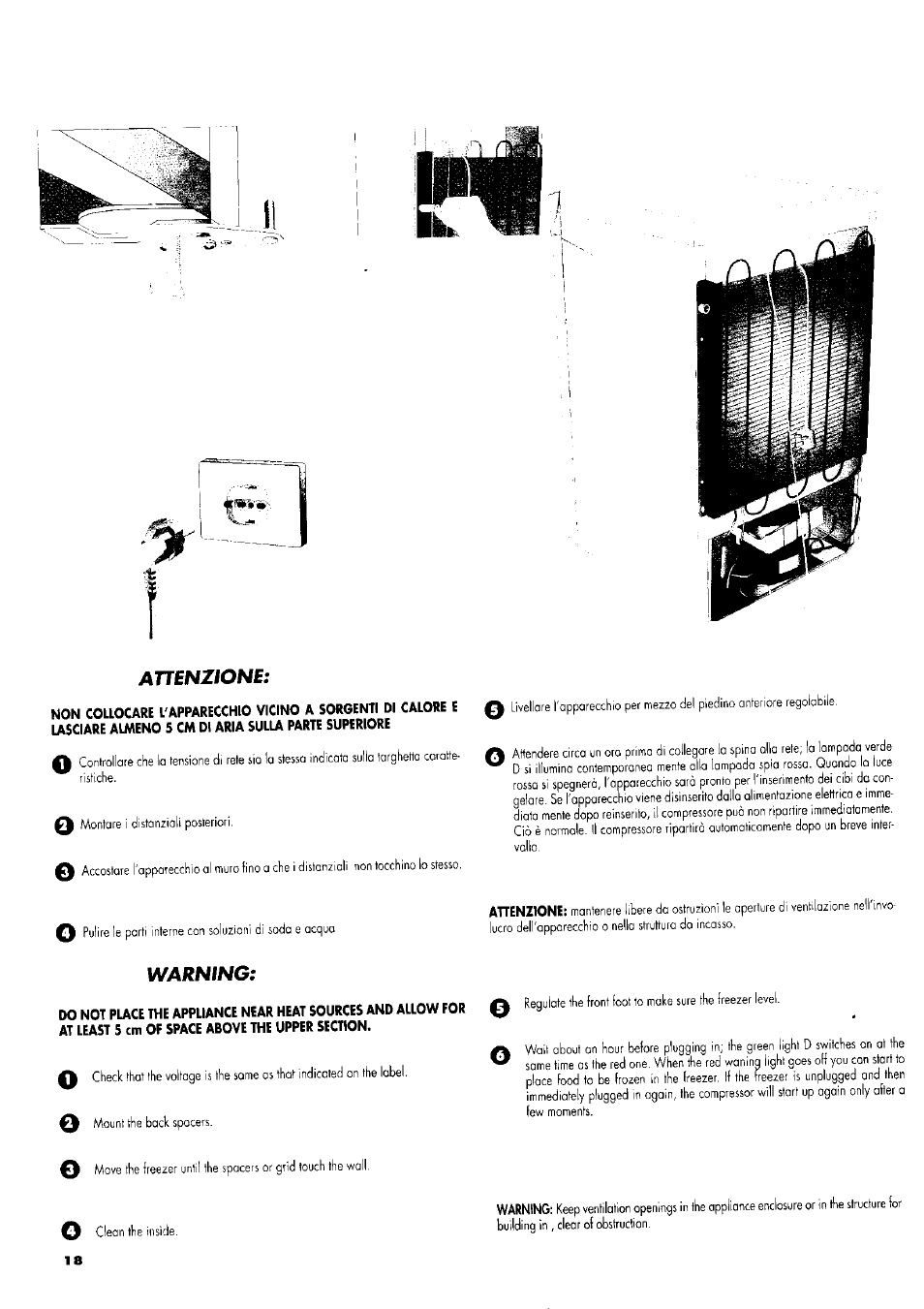 Attenzione, Lasciare almeno 5 cm di aria sulla parte superiore, Warning | ZANKER GS 105 User Manual | Page 18 / 31