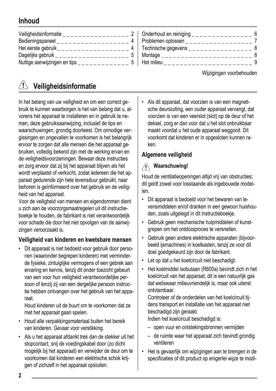 Inhoud, Veiligheidsinformatie | ZANKER ZKK 9008 User Manual | Page 2 / 36