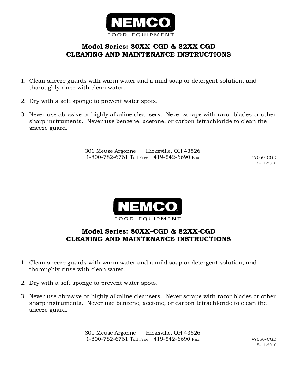 Nemco Food Equipment Roller Grill Guards (Canopy Guard)- Cleaning Instructions User Manual | 1 page