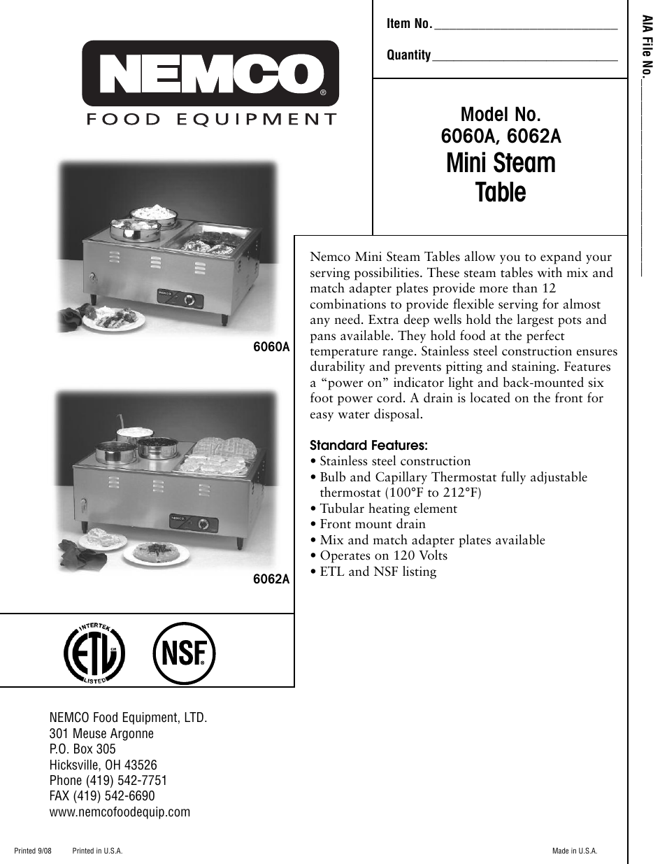 Nemco Food Equipment Mini Steamtables - Spec Sheet User Manual | 2 pages