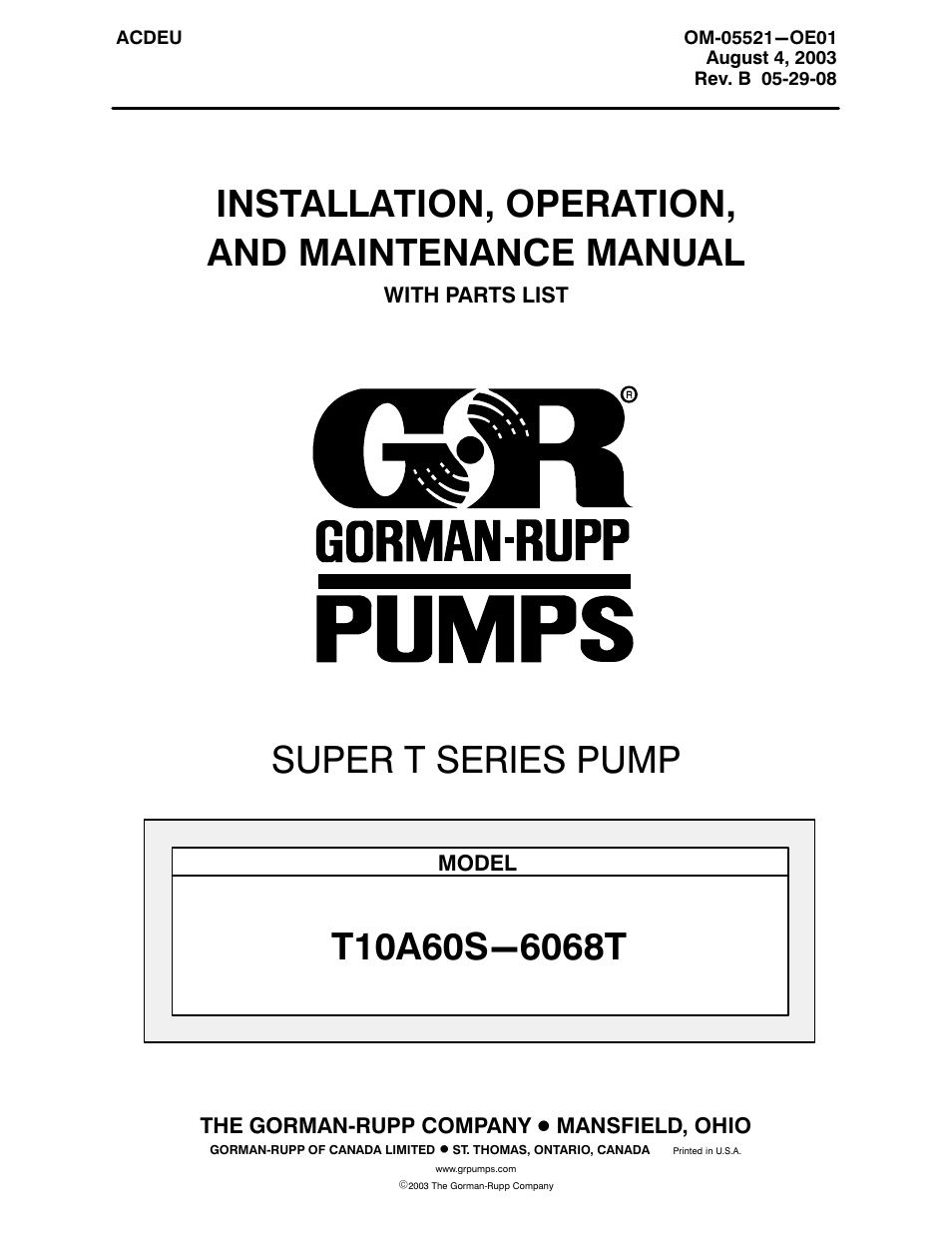 Gorman-Rupp Pumps T10A60S-6068T 1268074 and up User Manual | 50 pages