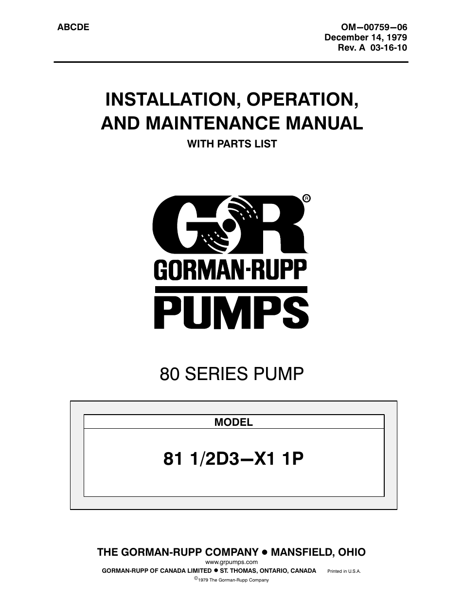 Gorman-Rupp Pumps 81 1/2D3-X1 1P 326949 and up User Manual | 26 pages