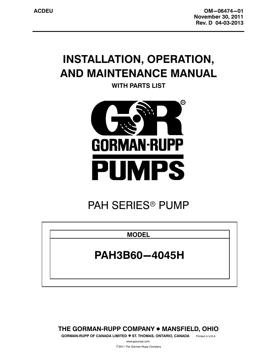 Gorman-Rupp Pumps PAH3B60-4045H 1493144 and up User Manual | 49 pages