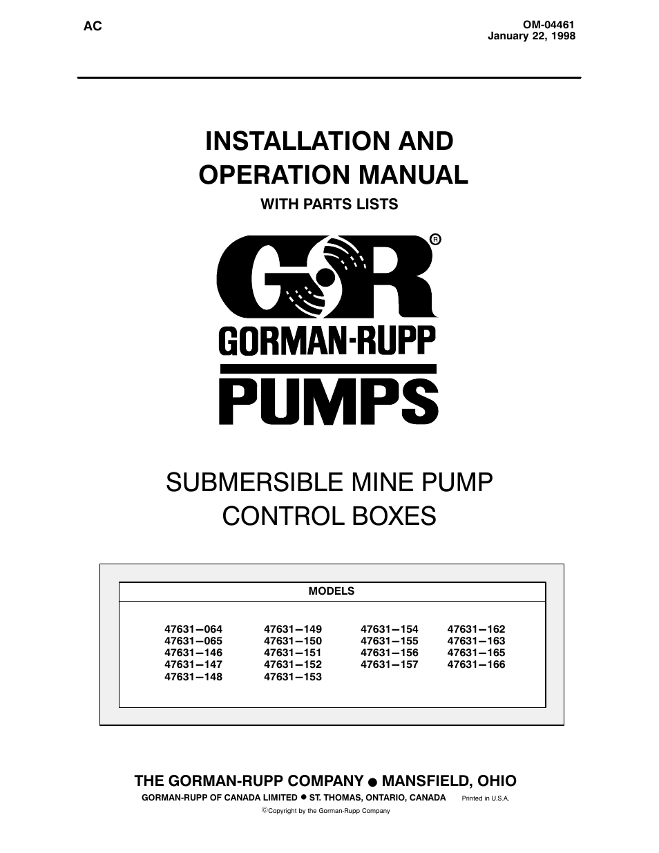 Gorman-Rupp Pumps SM4G1-X30 460/3 1002211 thru 1241783 User Manual | 18 pages