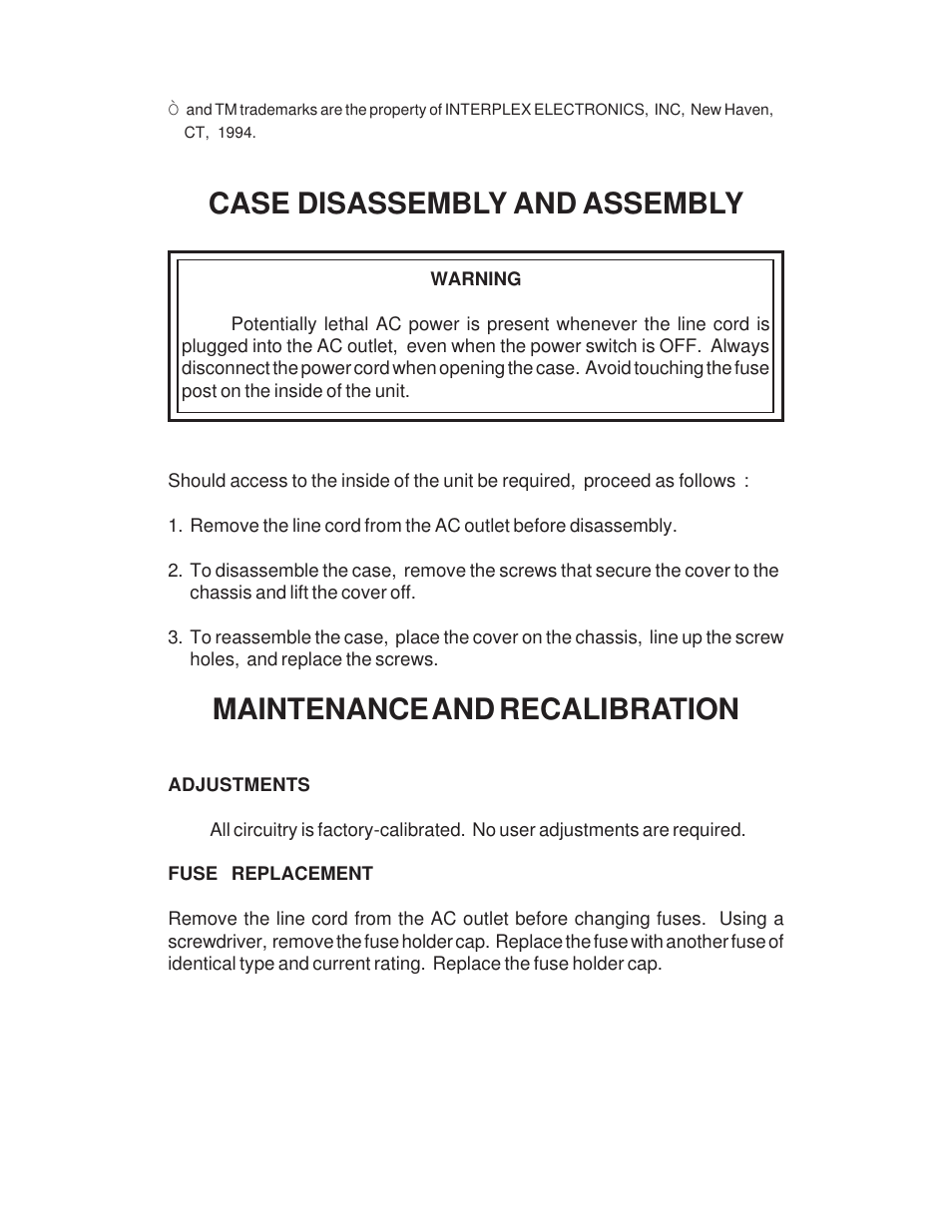 Case disassembly and assembly, Maintenance and recalibration | Global Specialties 1504 User Manual | Page 11 / 20