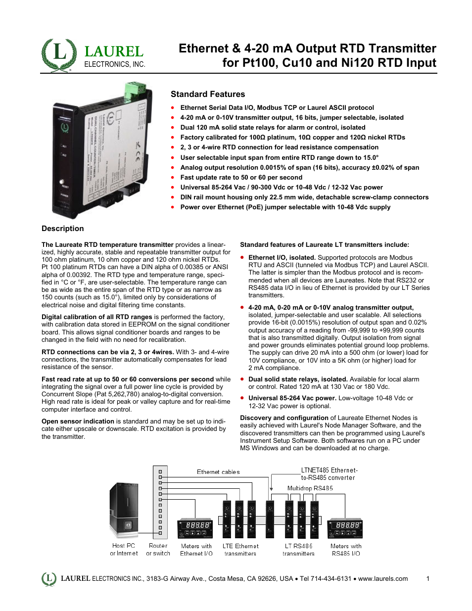 Laurel Electronics LTE: Ethernet & 4-20 mA Output RTD Transmitter for Pt100, Cu10 and Ni120 RTD Input User Manual | 4 pages