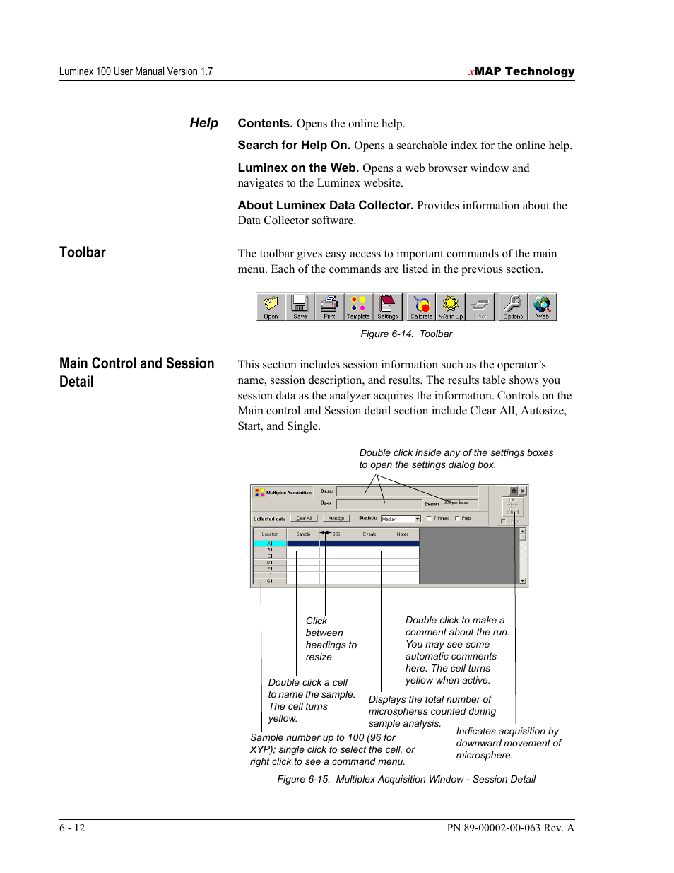 Toolbar, Main control and session detail | Luminex 100 User Manual Version 1.7 User Manual | Page 62 / 146