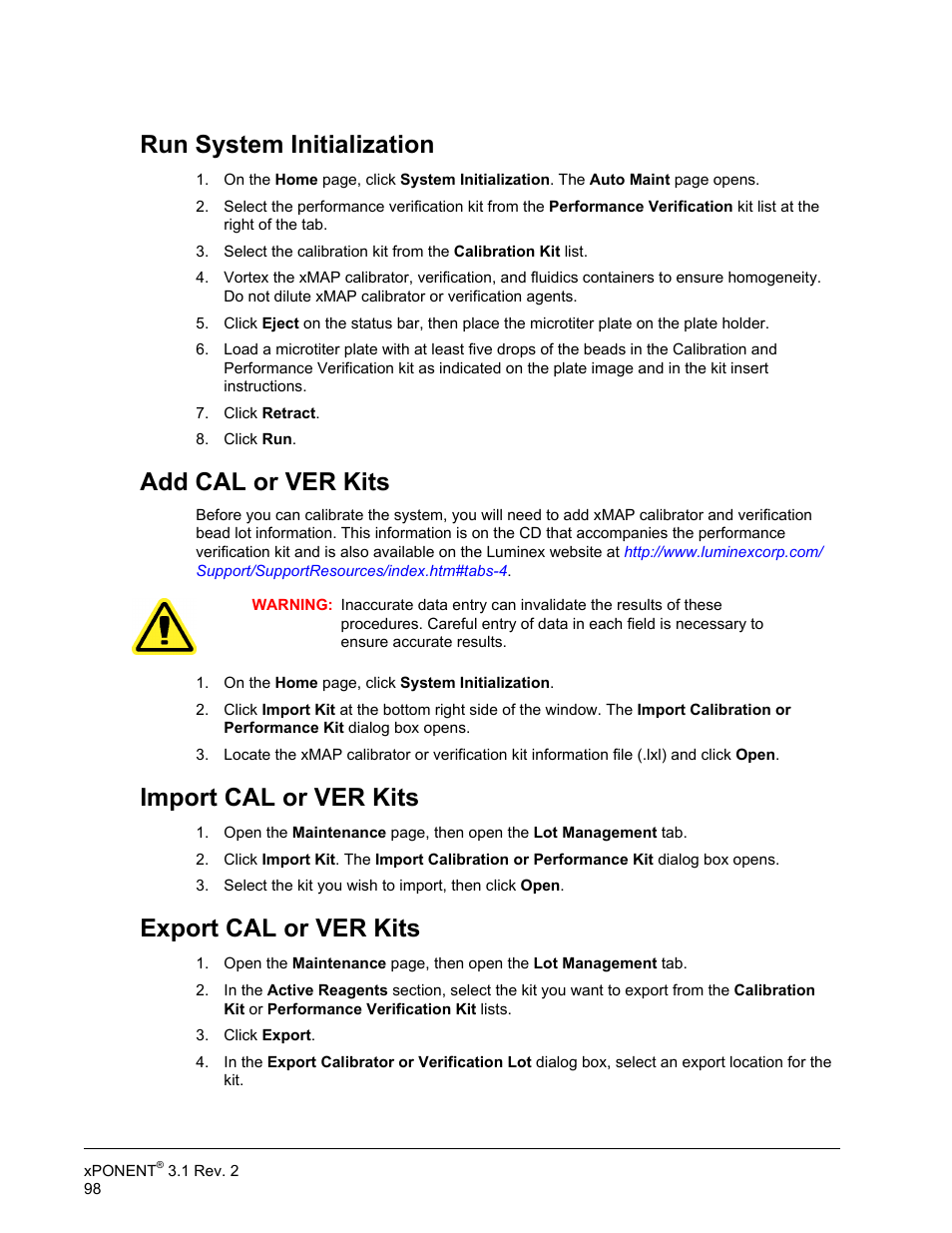 Run system initialization, Add cal or ver kits, Import cal or ver kits | Export cal or ver kits | Luminex xPONENT 3.1 Rev 2 User Manual | Page 111 / 145