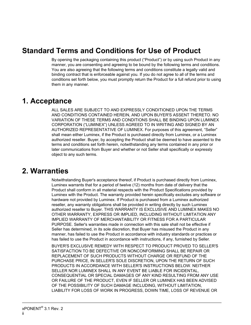 Standard terms and conditions for use of product, Acceptance, Warranties | Luminex xPONENT 3.1 Rev 2 User Manual | Page 3 / 145