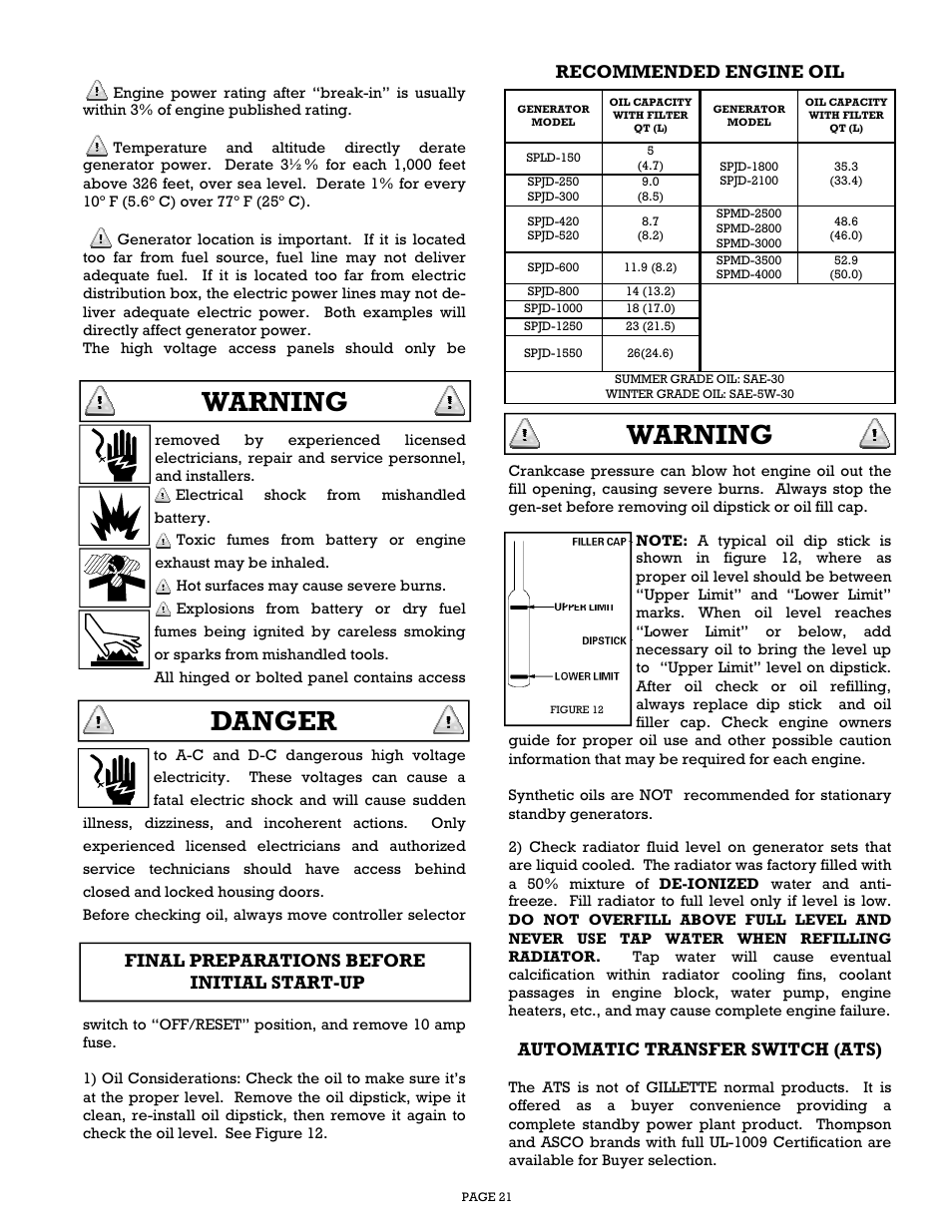 Warning, Danger, Automatic transfer switch (ats) | Gillette Generators SPMD-2500 THRU SPMD-4000 User Manual | Page 21 / 27