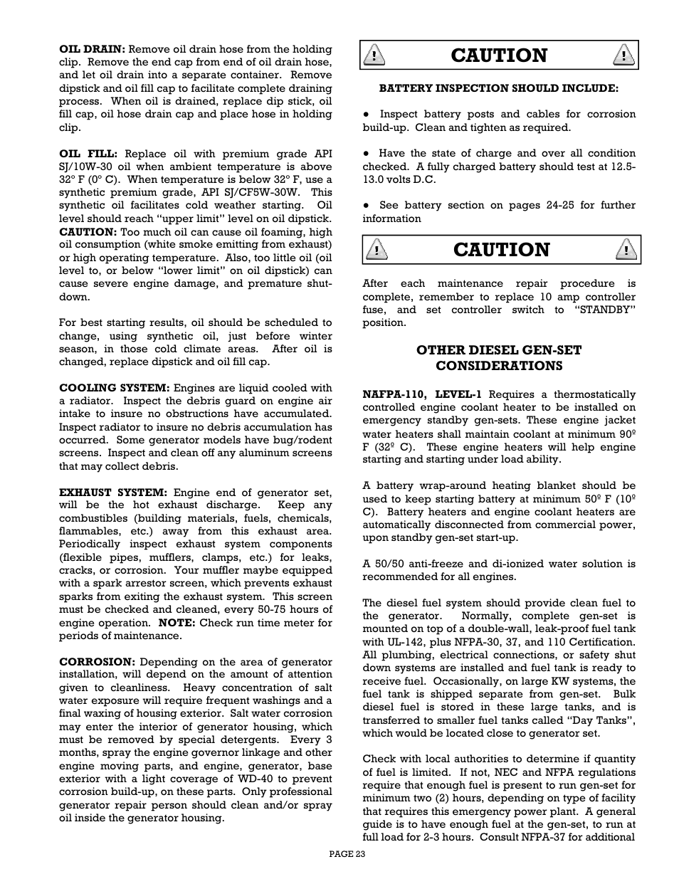 Caution | Gillette Generators SPMD-2500 THRU SPMD-4000 User Manual | Page 23 / 27
