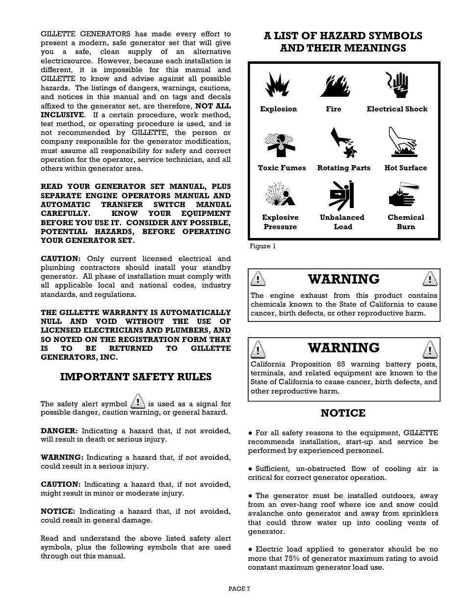 Warning, Important safety rules, A list of hazard symbols and their meanings | Notice | Gillette Generators SPMD-2500 THRU SPMD-4000 User Manual | Page 7 / 27