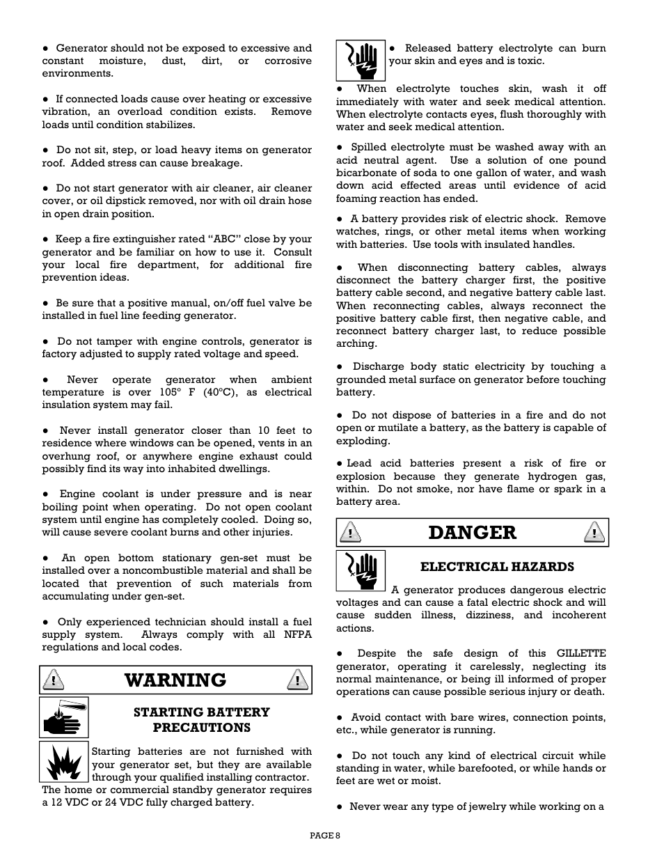 Warning, Danger | Gillette Generators SPMD-2500 THRU SPMD-4000 User Manual | Page 8 / 27