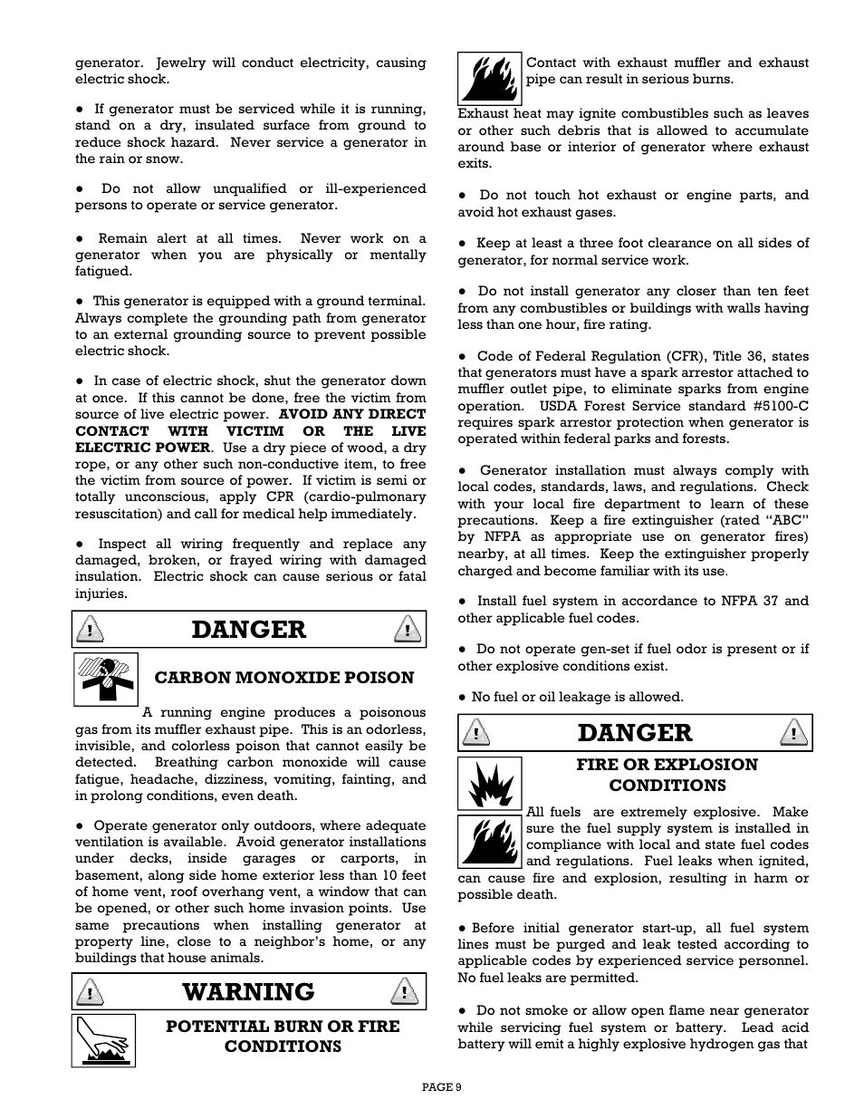 Danger, Warning | Gillette Generators SPMD-2500 THRU SPMD-4000 User Manual | Page 9 / 27
