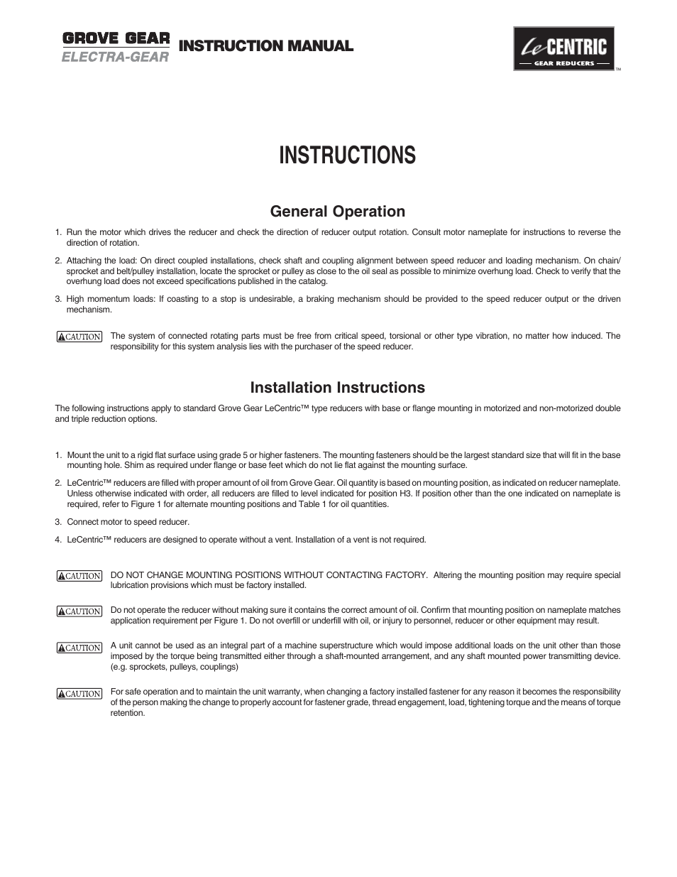 Instructions, Instruction manual general operation, Installation instructions | Grove Gear Helical-Inline Aluminum (P Series) User Manual | Page 3 / 6