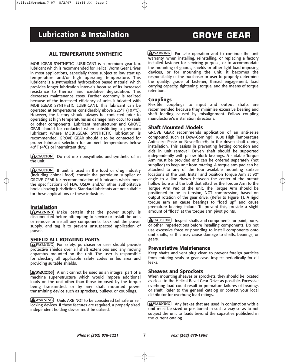 Lubrication & installation | Grove Gear Helical-Worm Cast Iron (S Series) User Manual | Page 7 / 8