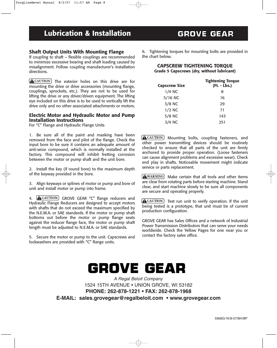 Lubrication & installation | Grove Gear Helical-Bevel Cast Iron (K Series) User Manual | Page 8 / 8