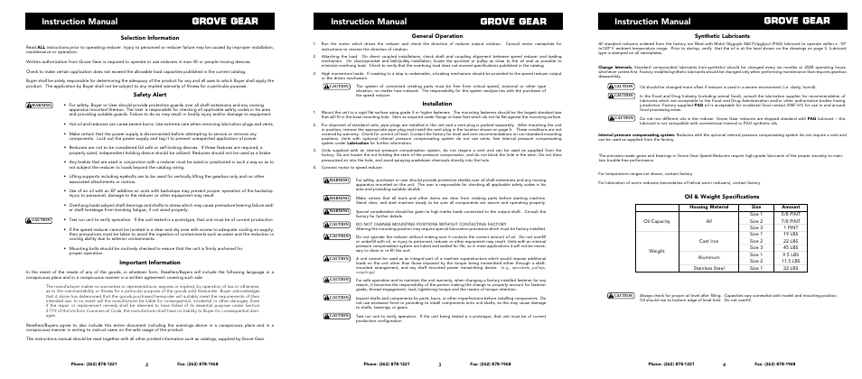 Instruction manual, Selection information, Safety alert | Important information, General operation, Installation, Synthetic lubricants, Oil & weight specifications | Grove Gear Stainless Steel User Manual | Page 3 / 6