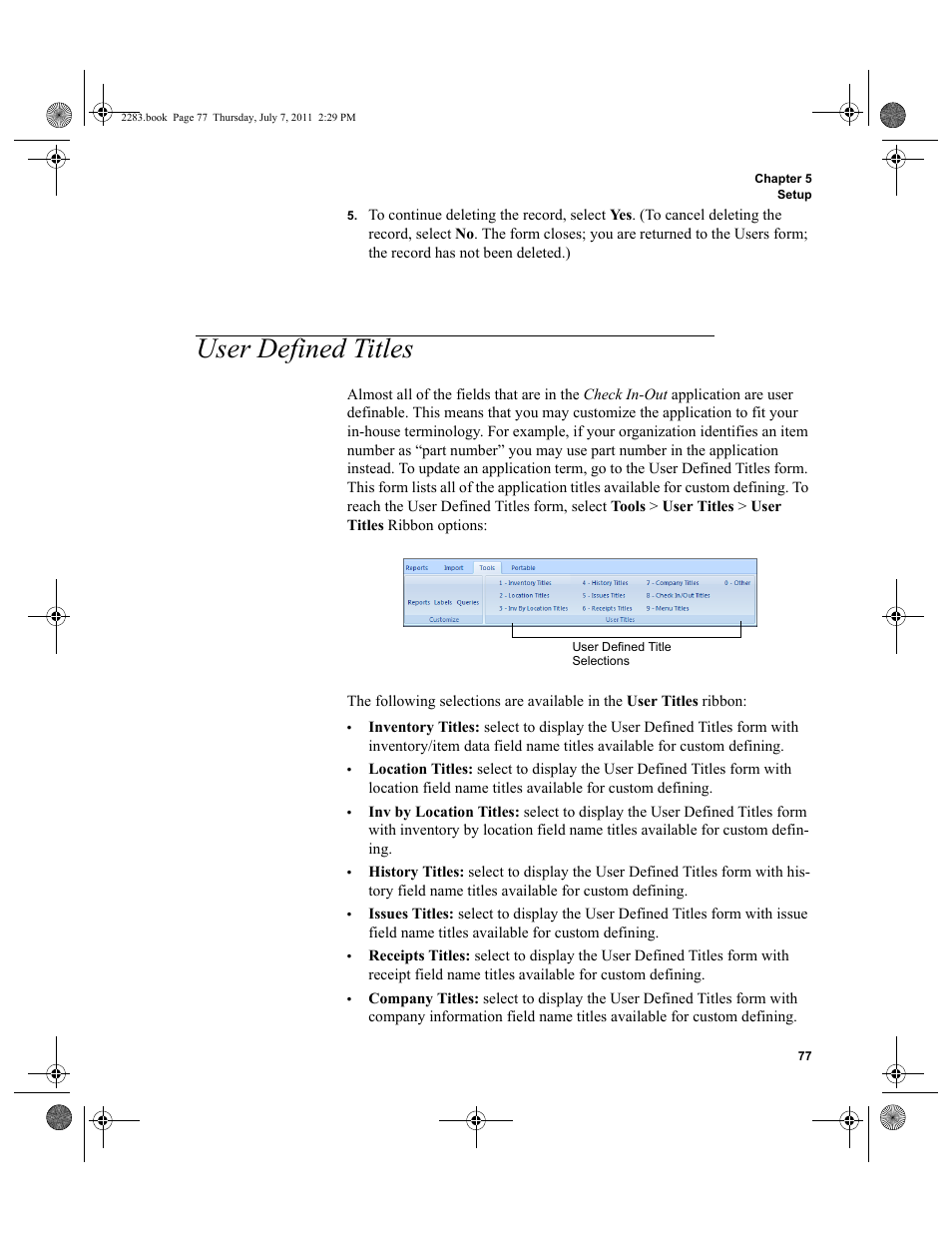 User defined titles | IntelliTrack Check In/Out User Manual | Page 107 / 564