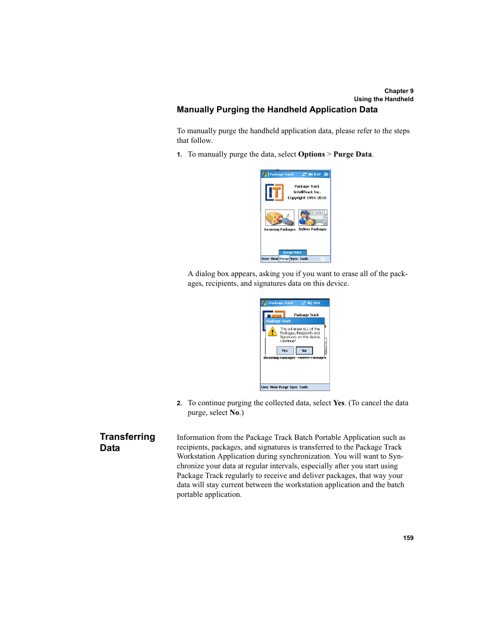 Transferring data, Manually purging the handheld application data | IntelliTrack Package Track User Manual | Page 173 / 296
