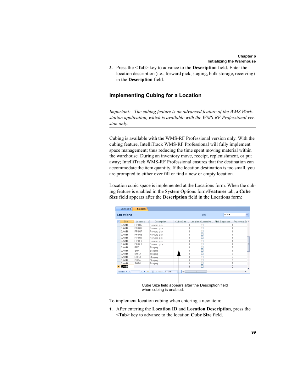 Implementing cubing for a location, Implement | IntelliTrack WMS – Warehouse Management System User Manual | Page 125 / 466
