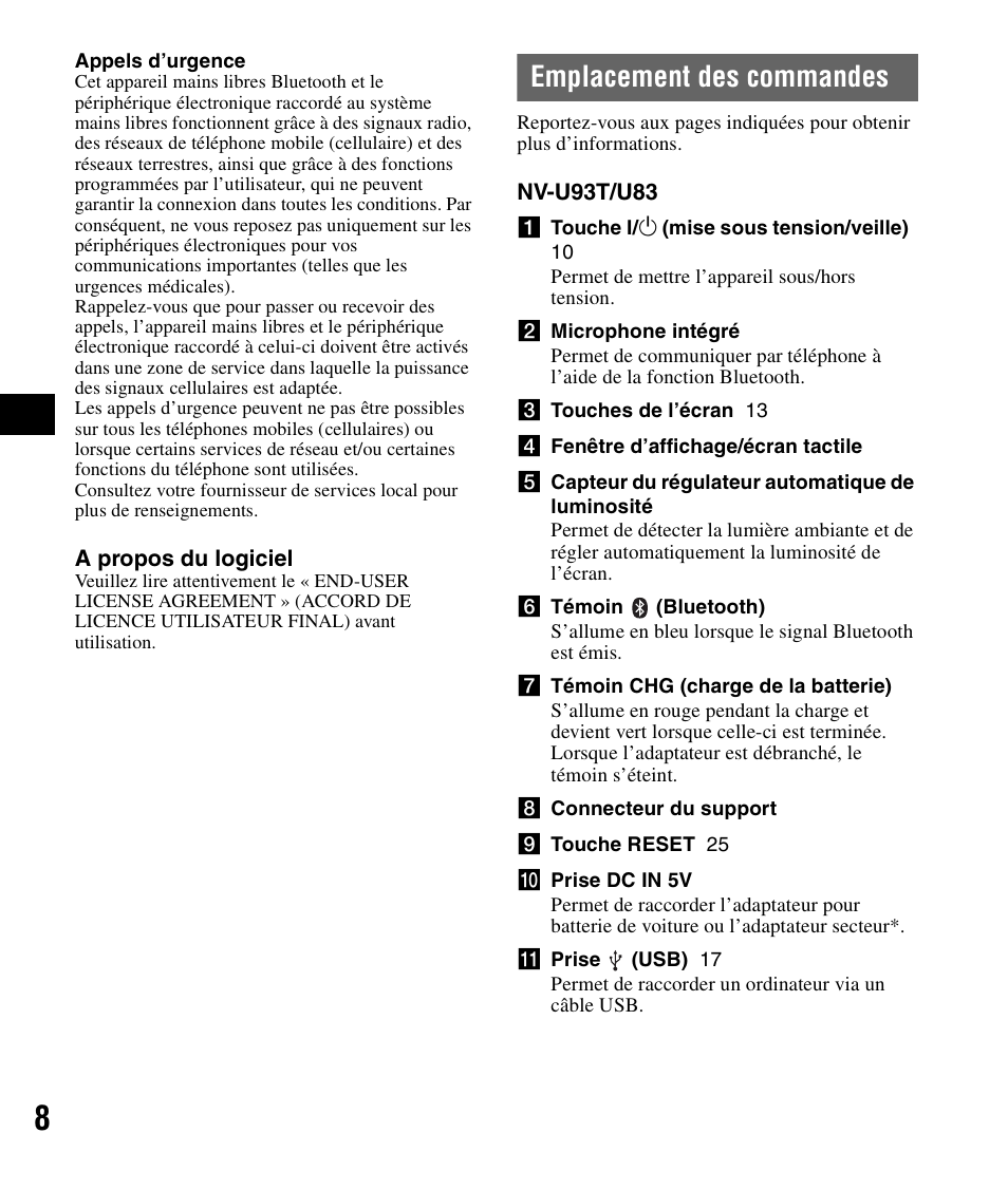 Emplacement des commandes | Sony NV-U83 User Manual | Page 54 / 194