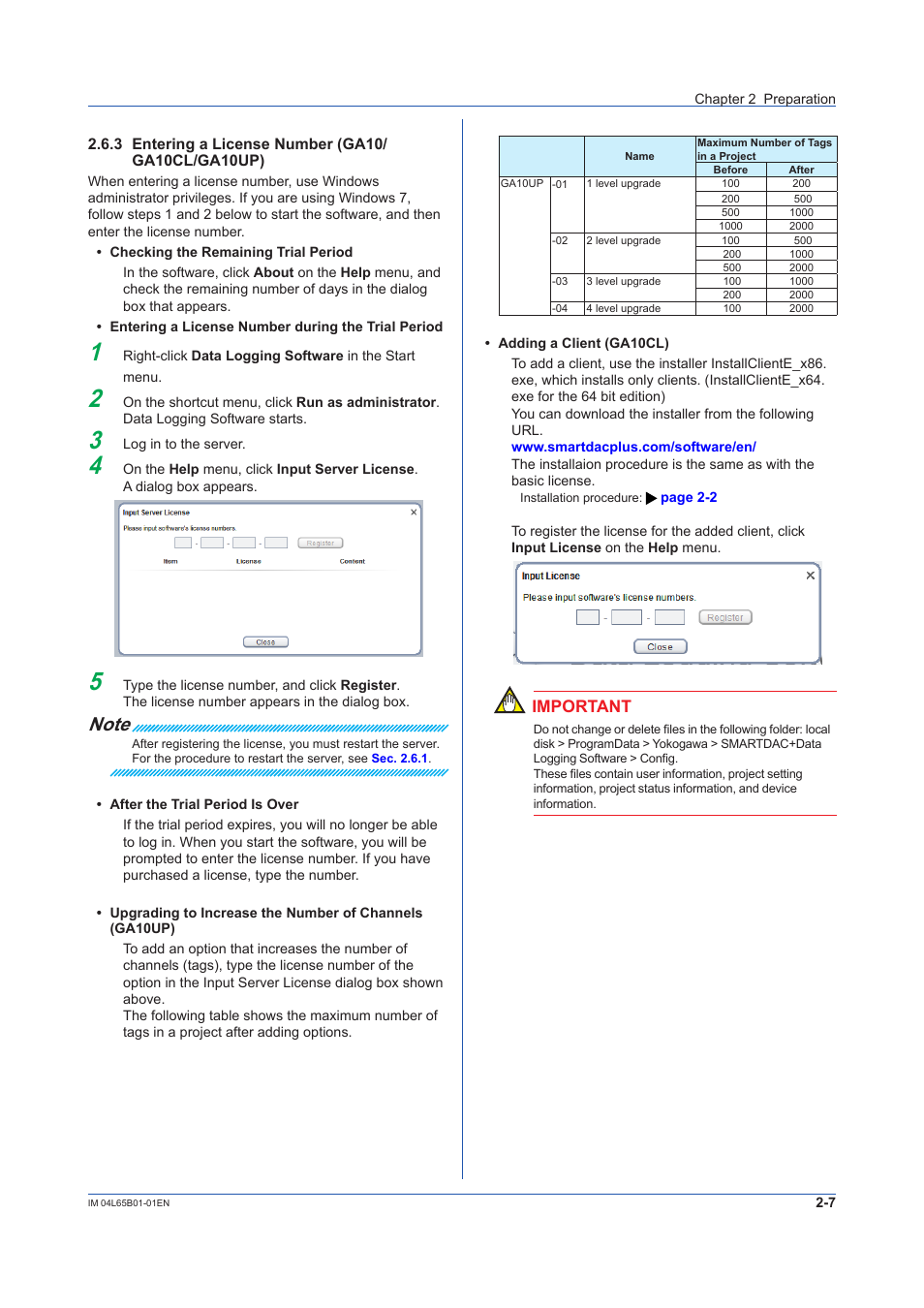 3 entering a license number (ga10/ga10cl/ga10up), Entering a license number (ga10/ga10cl/ga10up) -7, Sec. 2.6.3 | Important | Yokogawa Data Logging Software GA10 User Manual | Page 23 / 94