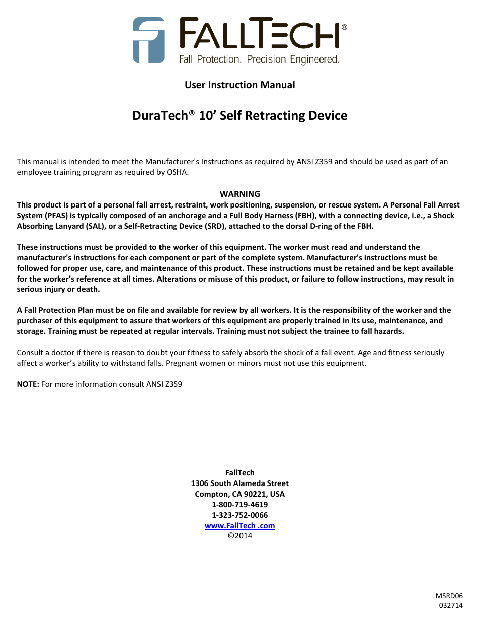 FallTech DuraTech 10’ Self Retracting Device User Manual | 30 pages