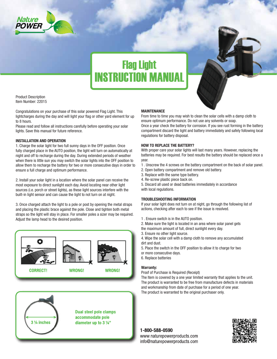 Nature Power Solar Flag Pole Light (22015) User Manual | 1 page