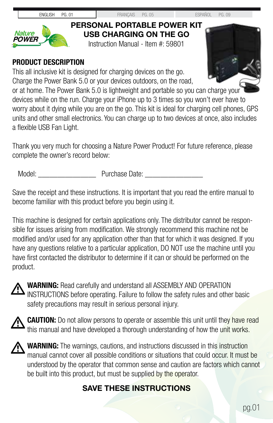 Nature Power PERSONAL PORTABLE POWER KIT USB CHARGING ON THE GO (59801
) User Manual | 12 pages