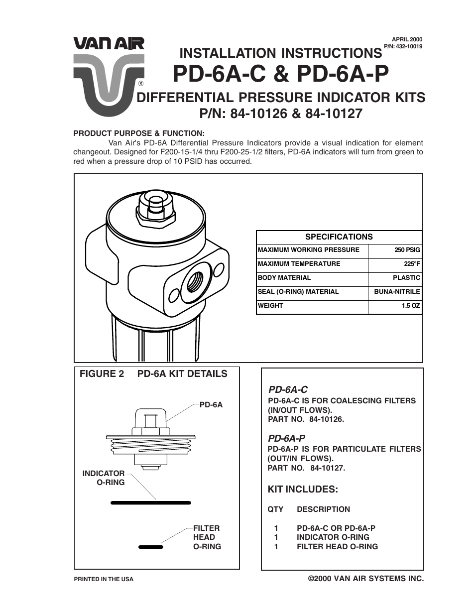 Van Air Systems PD6A-P Pressure Differential Kits User Manual | 2 pages
