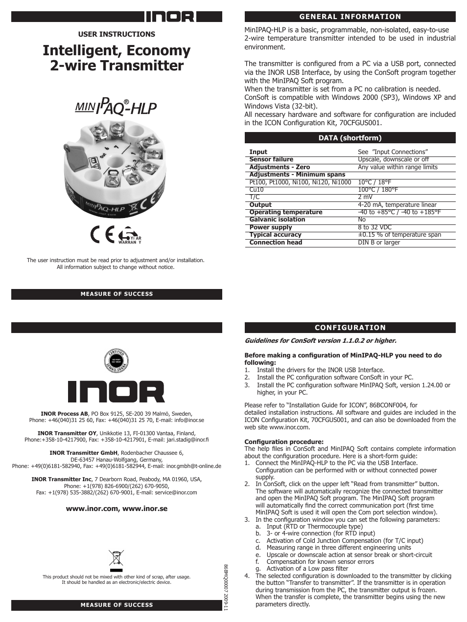 INOR MINIPAQ-HLP GB User Manual | 2 pages