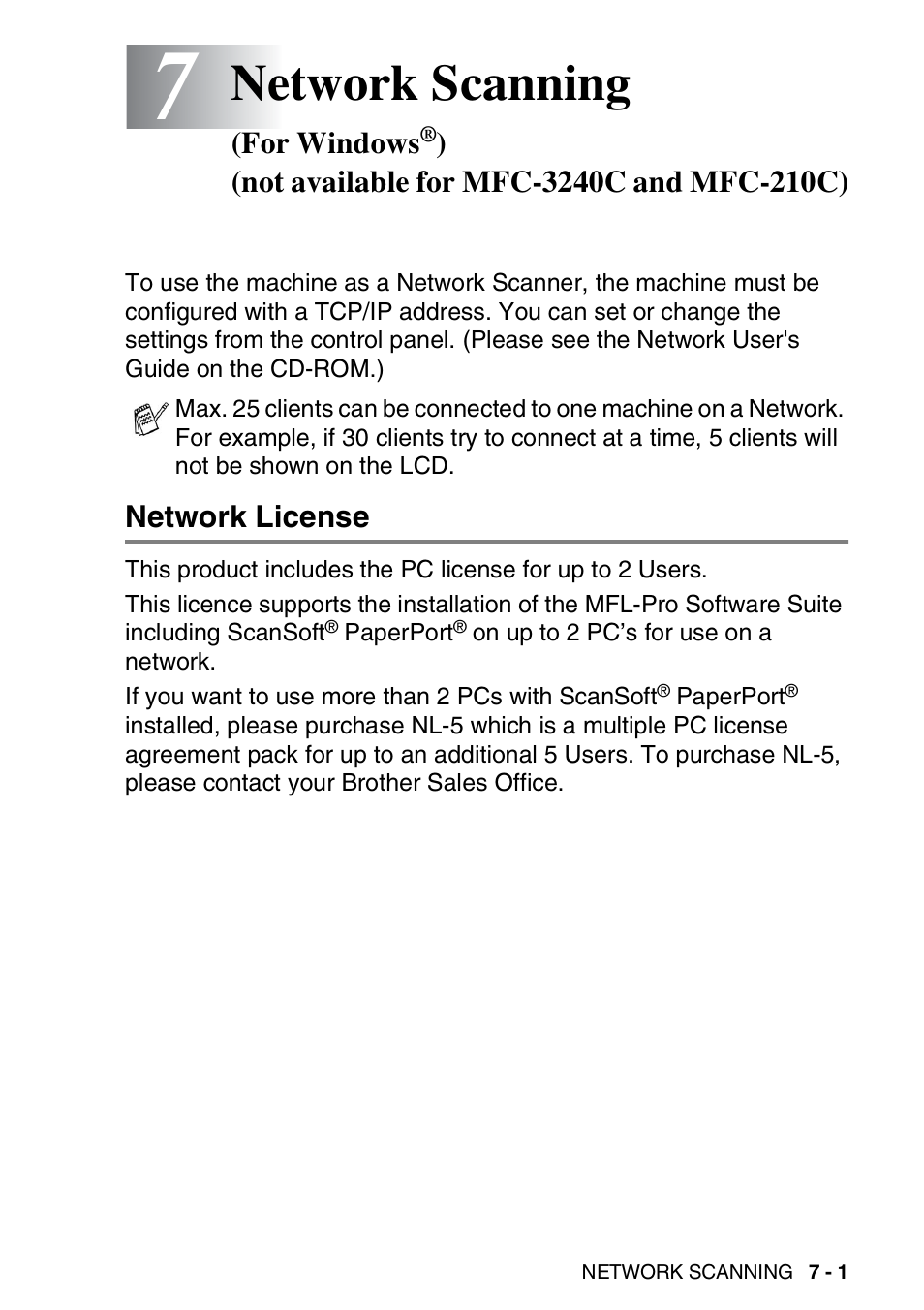 Network license, Network scanning (for windows, Not available for mfc-3240c and mfc-210c) -1 | Network license -1, Network scanning | Brother MFC-3240C User Manual | Page 115 / 173