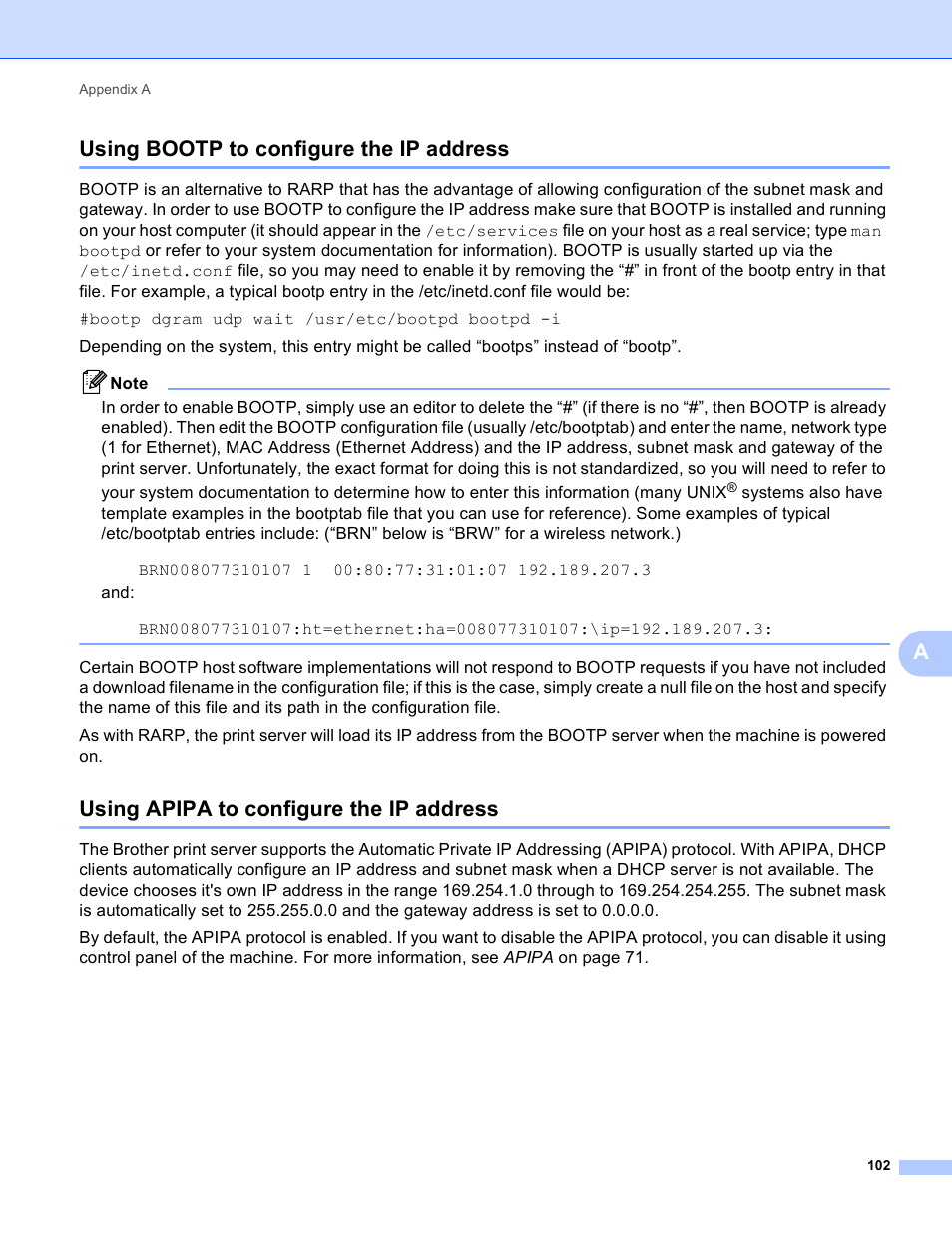 Using bootp to configure the ip address, Using apipa to configure the ip address, Ausing bootp to configure the ip address | Brother MFC-J410W User Manual | Page 109 / 122