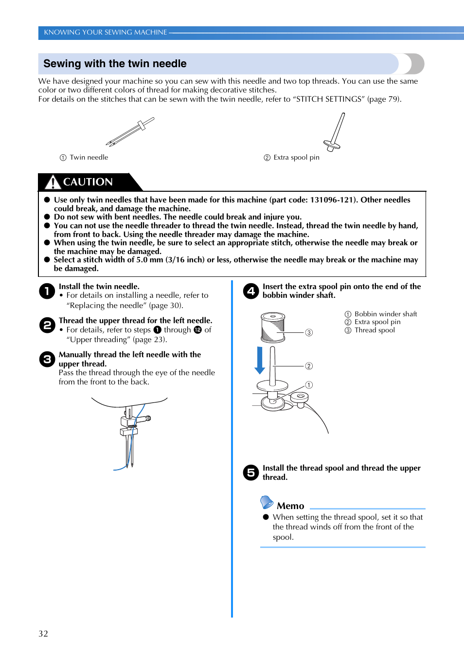Sewing with the twin needle, Caution | Brother XR1300 User Manual | Page 34 / 112