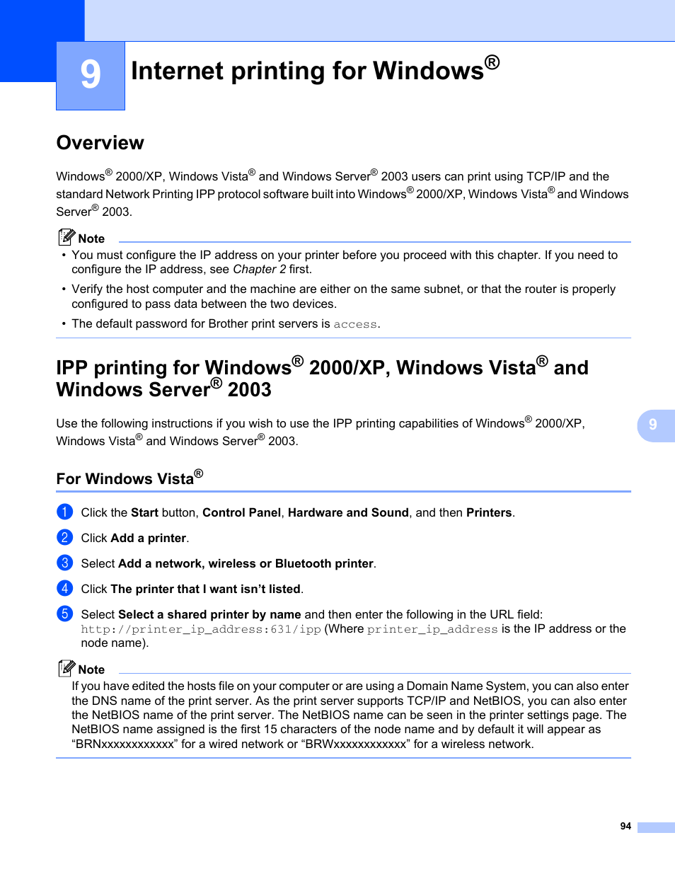 9 internet printing for windows, Overview, For windows vista | Internet printing for windows, Overview ipp printing for windows, Ipp printing for windows, 2000/xp, windows vista, And windows server | Brother HL-2170W User Manual | Page 101 / 137