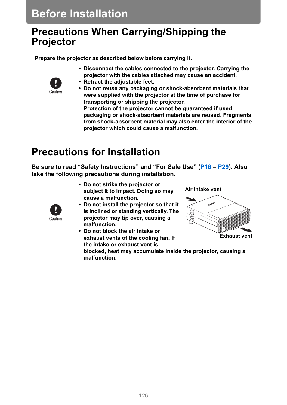 Before installation, Precautions when carrying/shipping the projector, Precautions for installation | Canon XEED WUX450 User Manual | Page 126 / 314