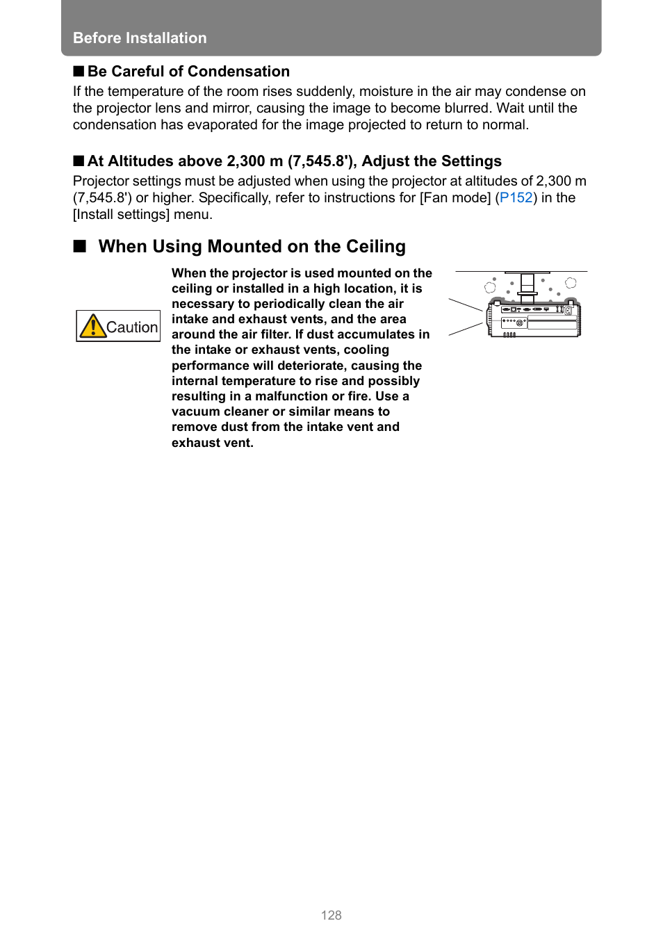 When using mounted on the ceiling | Canon XEED WUX450 User Manual | Page 128 / 314