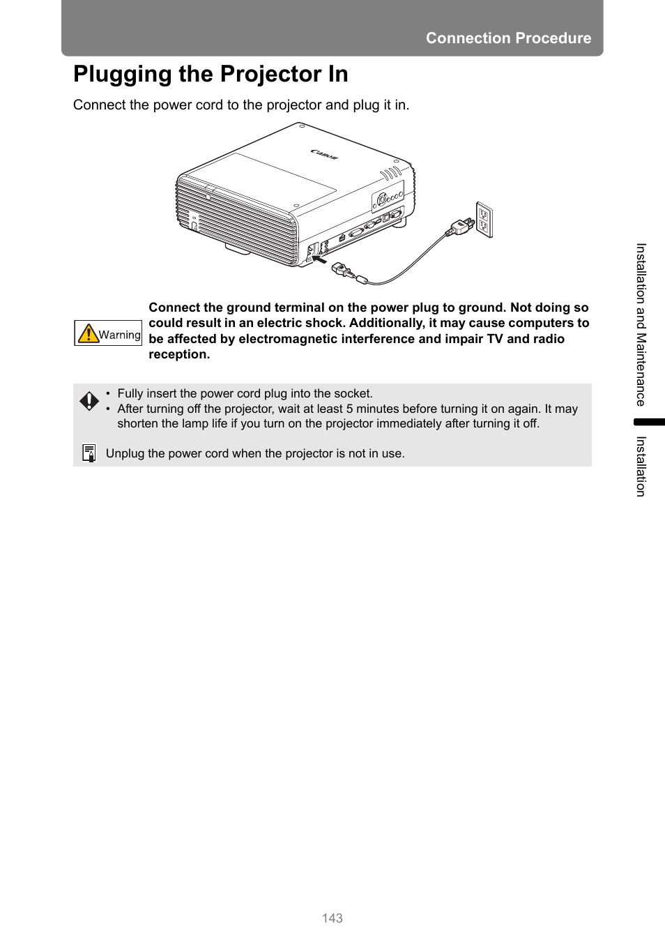 Plugging the projector in, P143 | Canon XEED WUX450 User Manual | Page 143 / 314