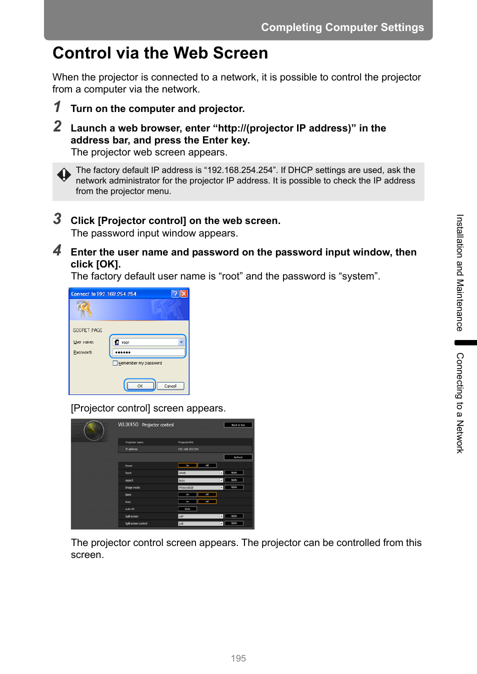Control via the web screen, P195 | Canon XEED WUX450 User Manual | Page 195 / 314