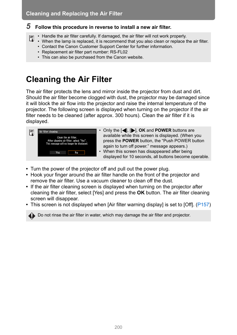 Cleaning the air filter | Canon XEED WUX450 User Manual | Page 200 / 314