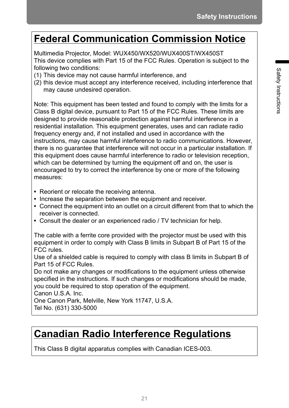Federal communication commission notice, Canadian radio interference regulations | Canon XEED WUX450 User Manual | Page 21 / 314