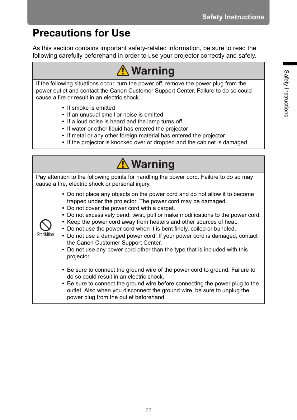 Precautions for use | Canon XEED WUX450 User Manual | Page 23 / 314