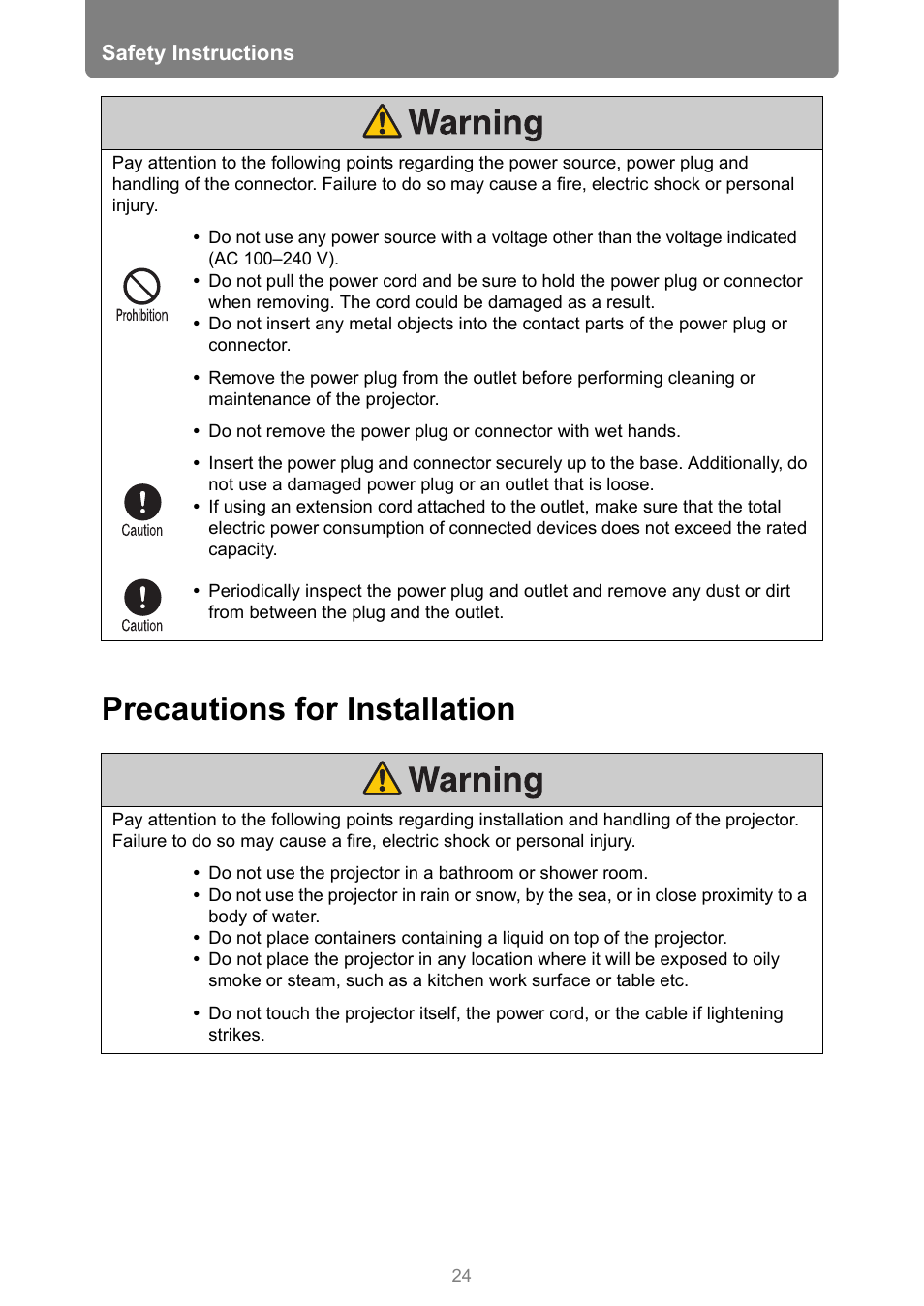 Precautions for installation | Canon XEED WUX450 User Manual | Page 24 / 314