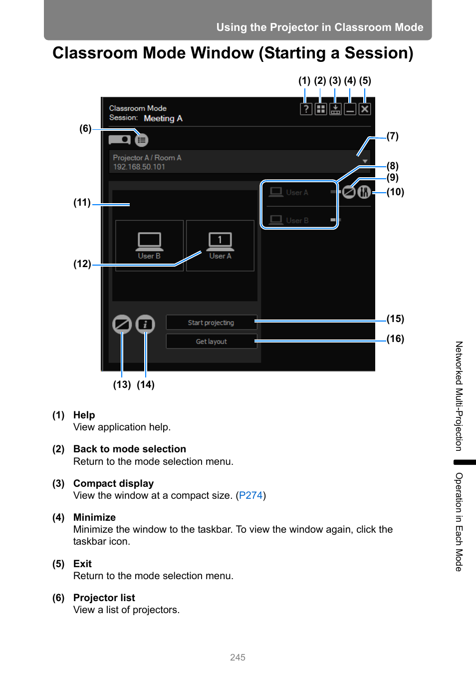 Classroom mode window (starting a session), P245 | Canon XEED WUX450 User Manual | Page 245 / 314