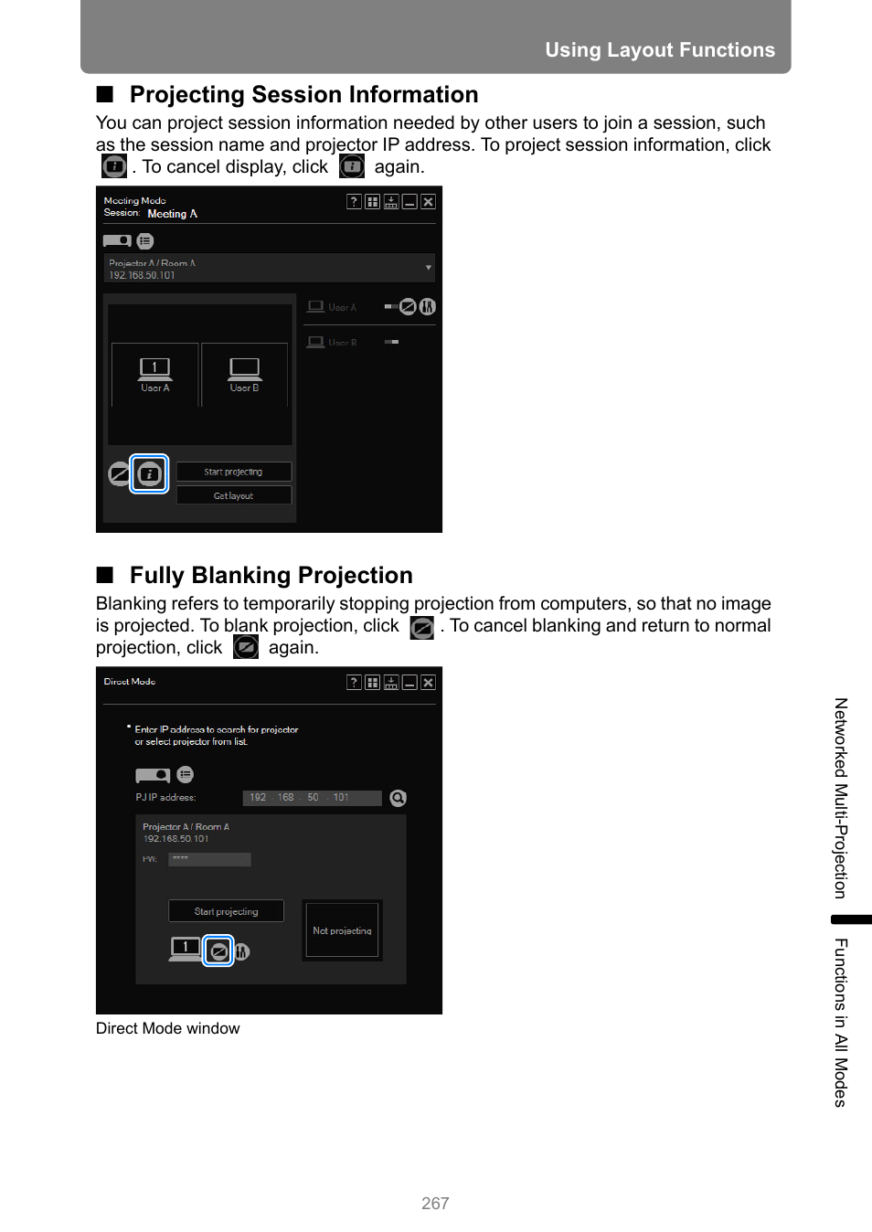 Projecting session information, Fully blanking projection | Canon XEED WUX450 User Manual | Page 267 / 314