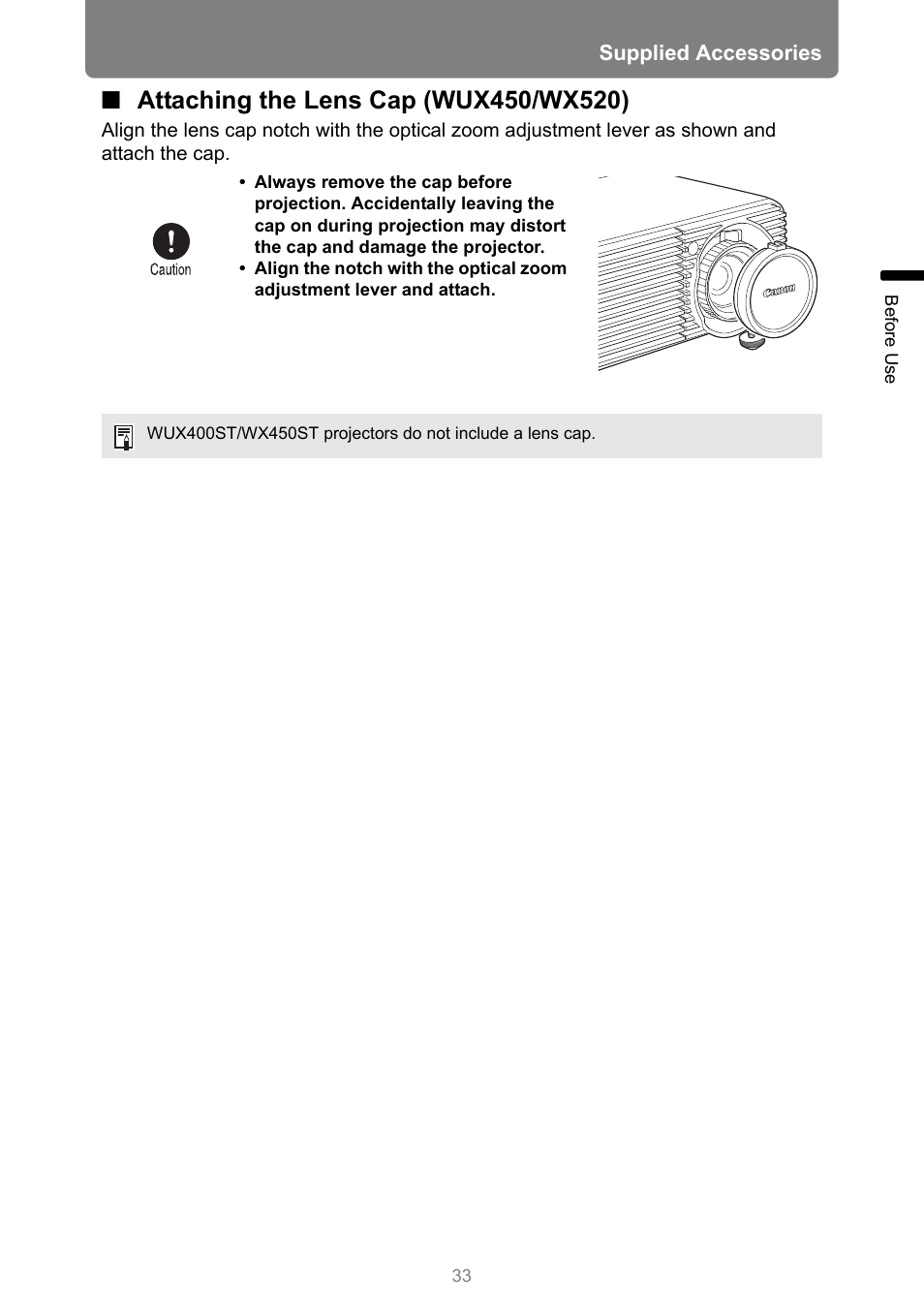 Attaching the lens cap (wux450/wx520) | Canon XEED WUX450 User Manual | Page 33 / 314