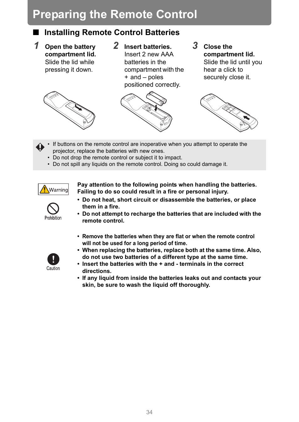 Preparing the remote control, Installing remote control batteries | Canon XEED WUX450 User Manual | Page 34 / 314