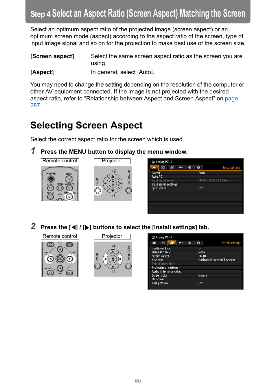 Selecting screen aspect, Step 4 | Canon XEED WUX450 User Manual | Page 60 / 314