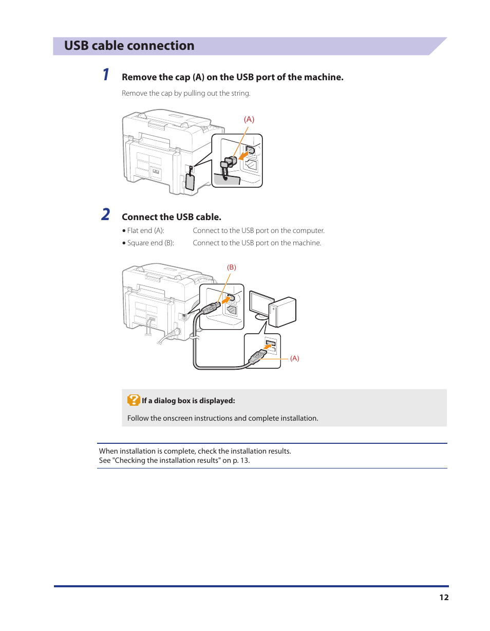 Usb cable connection | Canon i-SENSYS FAX-L170 User Manual | Page 13 / 19